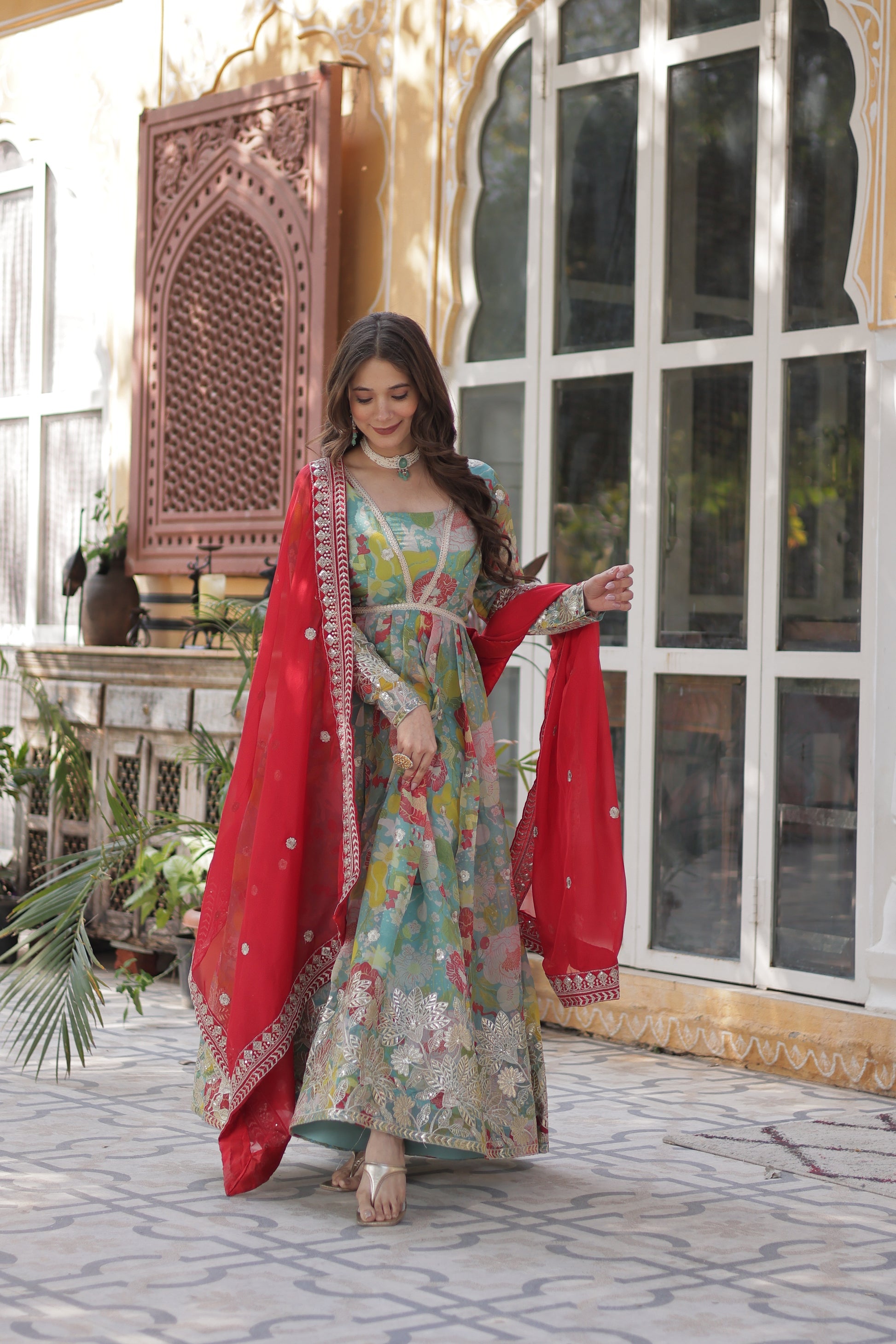 Green silk Anarkali gown set for women with dupatta, digital printed Russian silk gown with zari, sequins, and foil embroidery, full sleeve Alia cut gown, elegant festive outfit for weddings, Diwali, Karwa Chauth, and Eid, stitched ethnic party wear gown with lace border dupatta, designer traditional gown for women